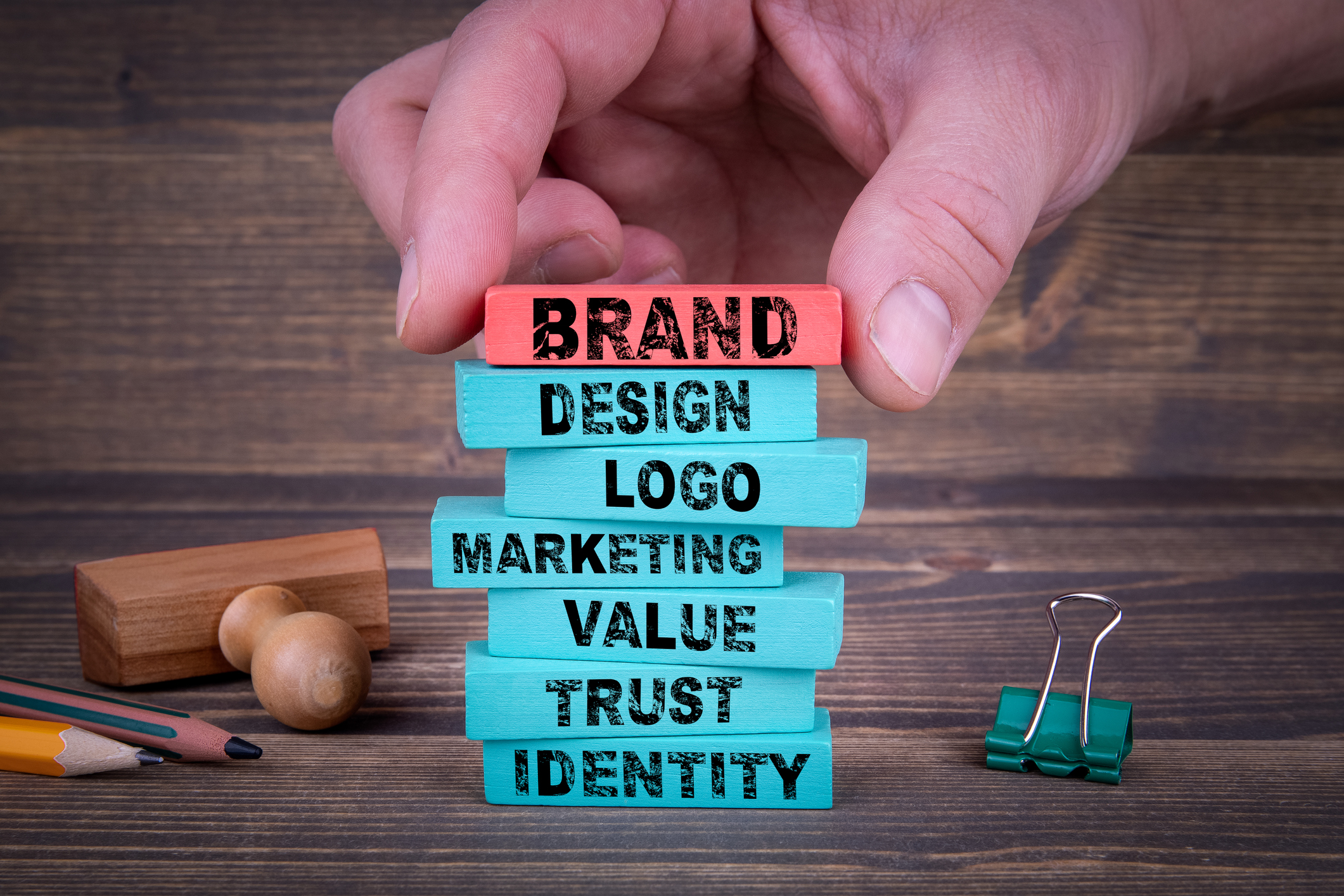 building blocks demonstrating brand awareness example logo, design, trust, identity